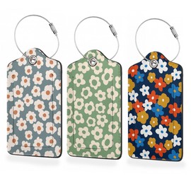3 Pack Luggage Tag for Suitcase,Vintage Groovy Flowers Leather Luggage Tags with Privacy Cover Name ID Label Identifiers Travel Bag Tags for Women Men Boys Girls