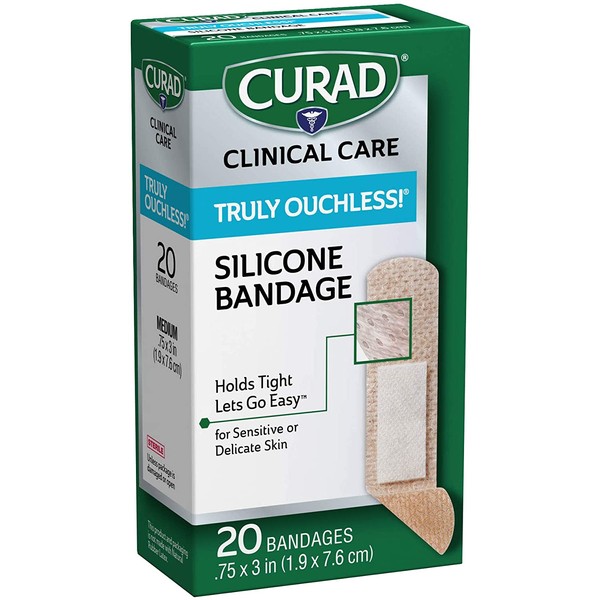 Curad Truly Ouchless Silicone Adhesive Bandages, Fabric Bandages are .75 x 3 inches, for Delicate or Sensitive Skin, 20 Count