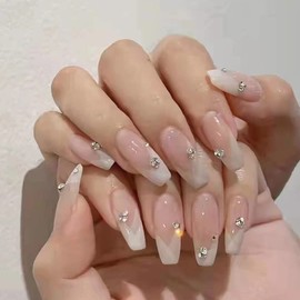 Clataly 24Pcs White Flower Long Coffin Nail Shining Rhinestones French Fake Nails Press on Nails Ballet False Nails for Women Girls (D)