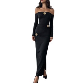 SweatyRocks Women's Off The Shoulder Maxi Dress Metal Flower Ruched Long Sleeve Elegant Bodycon Dresses with Slit Black M