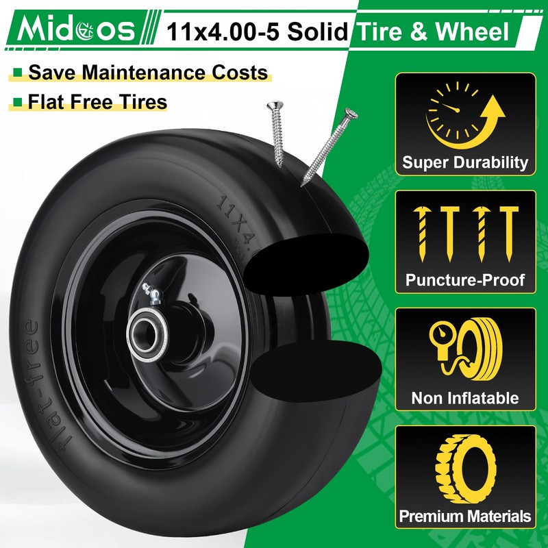 2Pcs 11x4.00-5 Lawn Mower Tires Flat Free, Upgraded 11x4-5 Zero