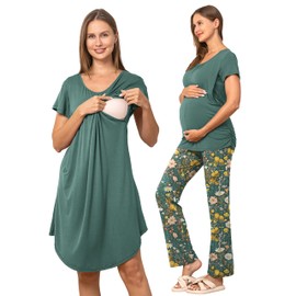 SUNNYBUY Women 3 PCS Maternity Nursing Nightgown Dress & Short Sleeve Breastfeeding Top & Pregnancy Pants Sleepwear Set, Teal&Floral Pants M