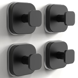 4 Pack Stainless Steel Suction Cup Hooks for Shower, Removable No Drill Towel Hooks for Bathroom Glass Door Mirror Tile, Waterproof Rustproof Suction Hooks for Loofah, Bath Robe, Coat, Matte Black