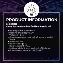 Lumetheus LEDs 5 mm Colour Blue Extra Super Bright 5000 mcd 50 Pieces 2-3 Volts 2 Pin Light Emitting LED Diode Diffused Lens