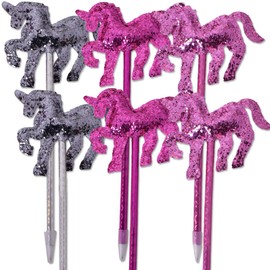 TE-Trend Pack of 6 Unicorn Pens Ballpoint Pens Unicorn Topper Glitter Pink Grey Pink Assorted