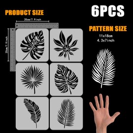 FINGERINSPIRE 6 Pcs Tropical Leaves Painting Stencil 7.9x7.9" Monstera Ceriman Rubber Grass Palm Leaf Spraying Stencil Plants Themes Spraying Stencil Reusable Leaves Pattern Wall Hollow Out Stencil