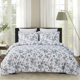 Vaulia Soft Microfiber Floral Duvet Cover Queen Size, Blue Chic Botanical Print Pattern, Lightweight and Breathable Design, 3-Piece Set (1 Duvet Cover 2 Pillow Shams)