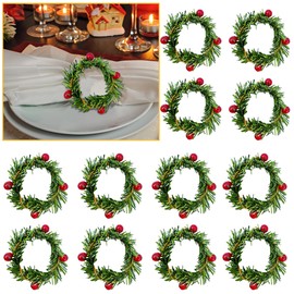 Christmas Wreath Napkin Rings Set of 12, Evergreen with Red Berries, Floral Holiday Table Decorations