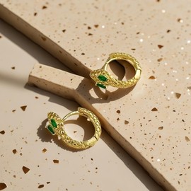 14K Gold Plated Snake Hoop Earrings with Green Crystal Eyes, Cobra Design Huggie Hoops, Vintage Style Jewelry Collection (gold-1)