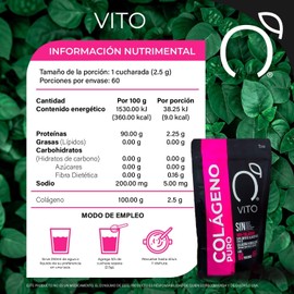 VITO - Colágeno Puro Péptidos Bioactivos - Sin Sabor - 150 g Incluye cuchara de 2.5 g, Libre de azúcar, gluten y lactosa. Rinde 60 porciones , se disuelve en 250 ml.