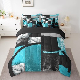 Feelyou Abstract Turquoise and Black 7 PCS Bed in a Bag Set King Size, Grunge Teal Ombre 7 PCS Comforter & Sheets Gray Black Blue Stripe Bed in a Bag Kids Abstract Art Comforter Set & Sheets King Size
