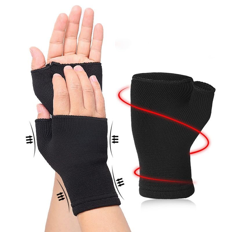Fingerless Compression Gloves, Black, Elastic Support Wrist Brace, 1 Pair