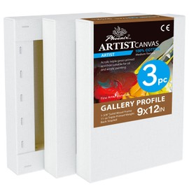 PHOENIX 9x12 Inch 3 Pack Gallery Canvas - 1.5 in Thick Canvases for Painting - Deep Edge 100% Cotton 11 Oz. Gesso Primed White Blank Professional Canvas Oil & Acrylic Paints