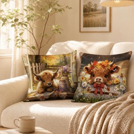 VISSTREE Highland Cow Pillow Covers Set of 4, 18x18 Inch Cute Western Cattle Throw Pillow Covers, Soft Polyester Farm Animal Cushion Cases for Rustic Country Farmhouse Home Sofa Couch Decor Gifts