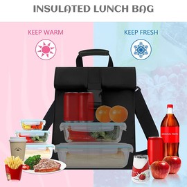Insulated Lunch Bag for Men & Women Leakproof Cooler Lunch Tote Bag Freezable，Reusable Roll Top Lunch Box for Office Work School Picnic Beach Lunch Outdoor Picnics（Black）