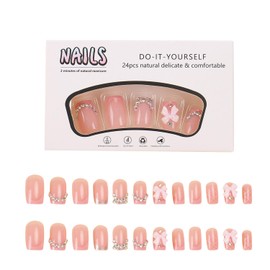 24Pcs Diamond Stick on Nails Set, Pink Square Fake French Nail Art, Full Cover Press on Nails, Reusable Short Square Press on Tips, Cute Manicure Decorations for Women Girls