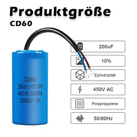 CD60 AC 450V 200uf 50/60HZ ANGEEK Capacitor, Starting Capacitor, Engine Start Capacitor with Cable, for Refrigerator, Motor, Pump, Generator