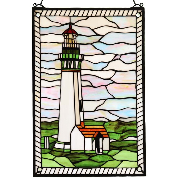 Bieye W10005 Pigeon Point Lighthouse Tiffany Style Stained Glass Window Panel with Hanging Chain, 15" W x 23" H