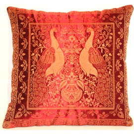 Red Silk Kissse Cover with Peacock Design Decorative Cushion Cover Sofa Cushion Cover Decorative Pillows | Decorative Cushion – 40 x 40 cm * * * SPECIAL OFFER. LIMITED OFFER from India | Starter Package for the first 100 * * *
