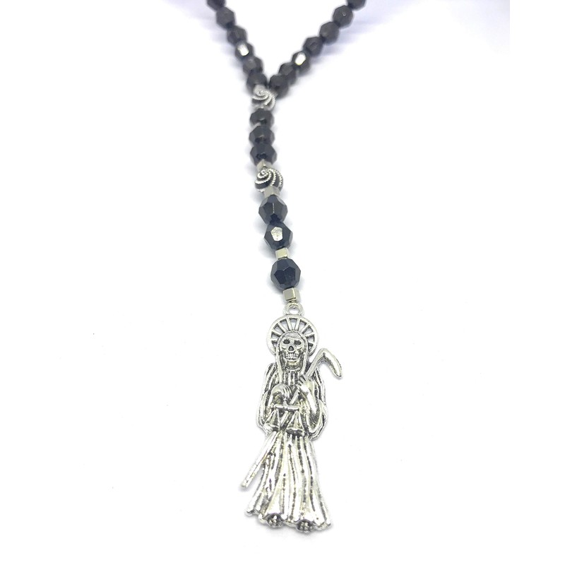 Chavarrieta Black Santa Muerte necklace rosary style.