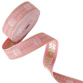 CABODYALS 9.14 m 1(1) cm Pink Jacquard Ribbon with Floral Pattern Gold Embroidery Tape Vintage Floral Pattern Woven Embroidered Boho Applique Fabric Trim for Sewing Crafts Clothing Dresses Home