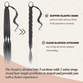 BARSDAR 30 Inch Long Braided Ponytail Extension with Hair Tie Straight Wrap Around Hair Extensions Pony Tail DIY Natural Soft Synthetic Hair Piece for Women Girls-Black Mixed Silver Grey -gradient