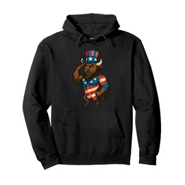 Patriotic Saluting Uncle Sam Hat Bison USA Flag 4th of July Pullover Hoodie