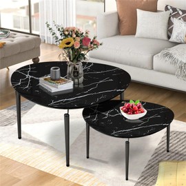 Jesantab Oval Nesting Coffee Table Set of 2, Black Glass Top Side Table with Marble Pattern and Metal Legs, Modern Minimalist Small End Table for Small Spaces, Living Room, Balcony, Apartment