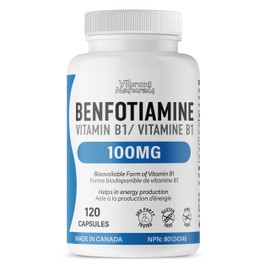 Vibrant Naturals Benfotiamine Vitamin B1-120 Capsules, 100mg of High Absorption Vitamin B1, Supports Normal Growth & Energy Production, Third Party Tested, Gluten Free, Vegan, Made In Canada by Vibrant Naturals