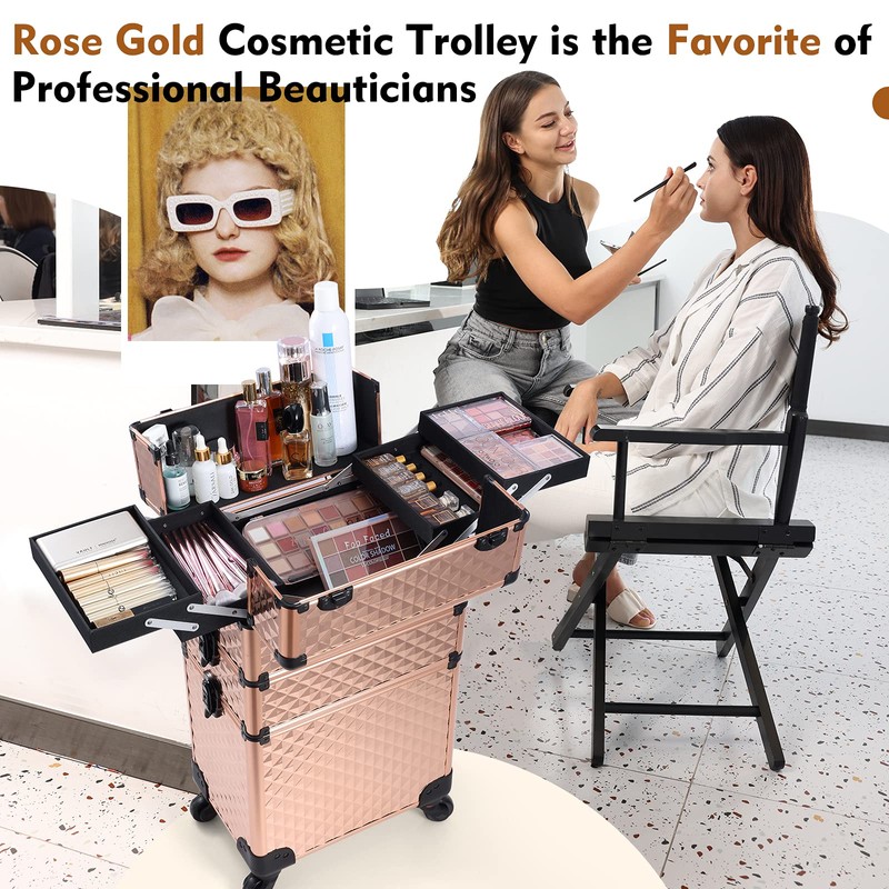 Frenessa Rolling Makeup Train Case 3 in 1 Professional Cosmetic