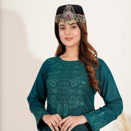 Duel On Jewel Turkish Ottoman Kayi Tribal Black Hat with Dangling Chains and Beads, Multicolor Stones, Medallion, Oxidized Antique Finish, Belly Dancer Costume Party Headpiece - Halime Ertuğrul