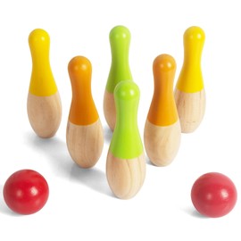 WOODENFUN Children's Wooden Bowling Game Set with 6 Cones and 2 Balls Indoor and Outdoor Children's Games Skittles Game Made of Wood 3 Years Old Wooden Toy