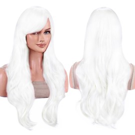 IMISSU 28 Inch/70cm Long Hair Water Wavy Wigs with Bangs Cosplay Costume Wig (White)