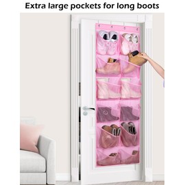 KIMBORA 12 Large Mesh Pockets Over the Door Shoe Organizer for Closet Hanging Shoe Rack for Door Sneaker Hanger Boot Storage for Kids, Baby, Toddler, Girl, Pink