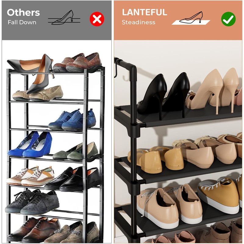 LANTEFUL 3 Tier Shoe Rack with 5 Hooks for Closet,