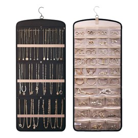 Xugoox Hanging Jewelry Organizer Storage Roll with Metal Hooks Hanger, Double-Sided Jewelry Bag for Earrings, Necklaces, Rings on Closet, Wall, Door(Only Jewelry Bag)