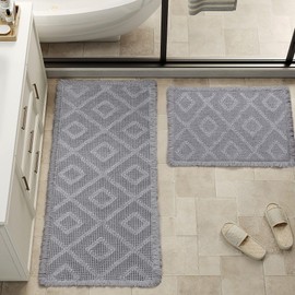 PureCozy Washable Bathroom Rugs Sets 2 Piece, Upgraded Waffle Super Absorbent Non Slip Bath Mats, Ultra Soft Quick Dry Runner Rug for Bathroom Hallway, Grey, 18"x30"+24"x48"(2'x4')