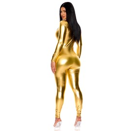 Forplay Women's Metallic Zip Front Mock Neck Catsuit, Gold, X-Small/Small