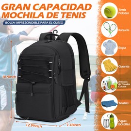 Mochila de Tenis Para Mujeres y Hombres Bolsa de Tenis Grande Mochila Padel de 2 Raquetas Resistente con Bolsillo Aislado Ventilado para Zapatos Paletas de Pepinillo, Raqueta de Bádminton y Squash