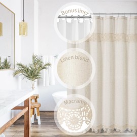 Gibelle Long Boho Farmhouse Shower Curtain Set, Linen Cotton Fabric Shower Curtain with Macrame Lace Decor, Modern Bohemian French Country Chic Bathroom Curtain with PEVA Liner 72x78 - Beige/Cream