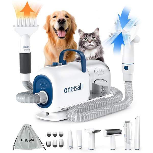 oneisall Dog Grooming Vacuum Blow Dryer and Clippers, Dog Grooming Kit for Shedding Drying Trimming Pet's Hair, 7 Levels of Blow Temperature, Adjustable Air Flow