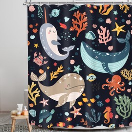 LGhtyro Kids Sea Animal Shower Curtain Bathroom Set 60Wx71H Inches Funny Whale Cute Cartoon Fish Ocean Sealife Coral Starfish Bath Accessories for Boys Nursery Art Home Decor Fabric 12 Pack Hooks