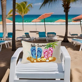 FELENIW Hello Summer Coconut Tree Flip Flop Beach Shell Starfish Happy Holiday Throw Pillow Cover Cushion Case Cotton Linen Material Decorative Lumbar 12X20 inches