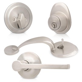 Honeywell Safes & Door Locks Satin Nickel Front Entry Handleset with Single Cylinder Deadbolt – Stylish and Secure Door Lock with Curved Lever for Interior and Exterior Doors - 8108642