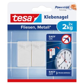 tesa Klebenagel Fliesen&Metall, 2er Set - Klebenagel für glatte und feste Oberflächen in Badezimmer und Küche, 2 kg Haltekraft - ablösbar und wiederverwendbar - 2 Stück