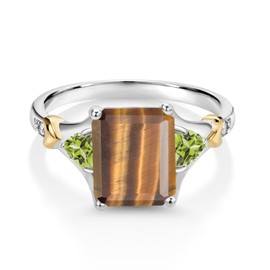 Gem Stone King 925 Silver and 10K Yellow Gold Brown Tiger Eye and Green Peridot and Diamond Engagement Ring For Women (3.38 Cttw, Emerald Cut 10X8MM, Trillion 3.5MM) (Size 6)