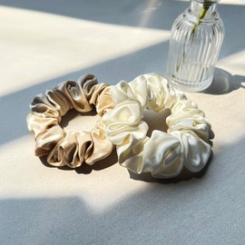townssilk Silk Hair Bobbles Hair Scrunchies Band 100% Pure Mulberry Silk 22 Momme Hair Friendly Luxurious Elastic Striped Pack of 2 Coffee and White