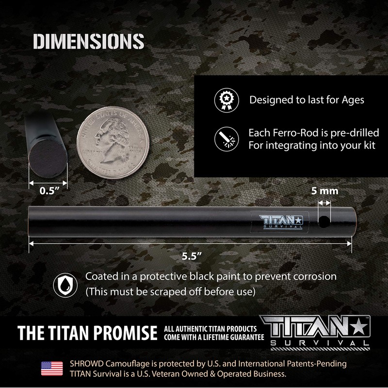 TITAN Survival Ferro Rod Fire Starter 0.5" x 5.5" 3-Pack