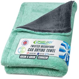 Towelogy® X03 Twisted Loop Car Drying Towel Extra Large Super Absorbent 1200gsm Microfibre Drying Cloth 40x60cm (Green/Grey)
