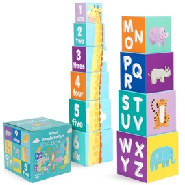 boppi Baby Stacking Blocks Jungle Safari Animal Toys with Letters and Numbers, Montessori Cubes for Toddlers, Preschool Learning Toys